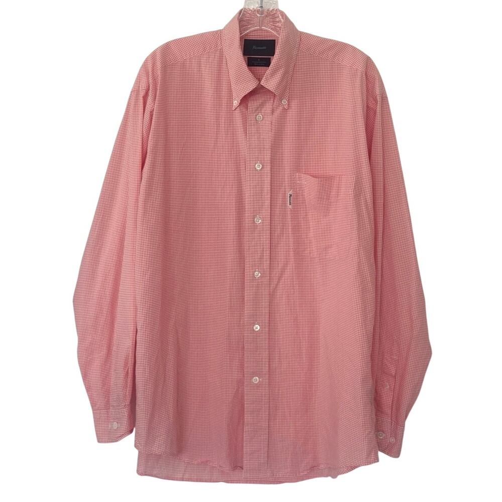 Faconnable Mens Button Down Collared Plaid Dress Shirt Orange White Size Medium